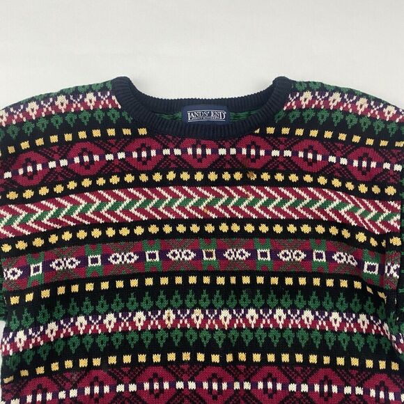 VTG Lands End Colorful Nordic Fair Isle Sweater 100% Cotton 3/4 Sleeve Sz S - Picture 6 of 9